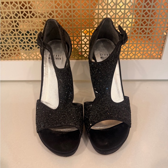 Stuart Weitzman Black Glitter Peep-Toe High Heels! EUC! Size 7 - Picture 5 of 9